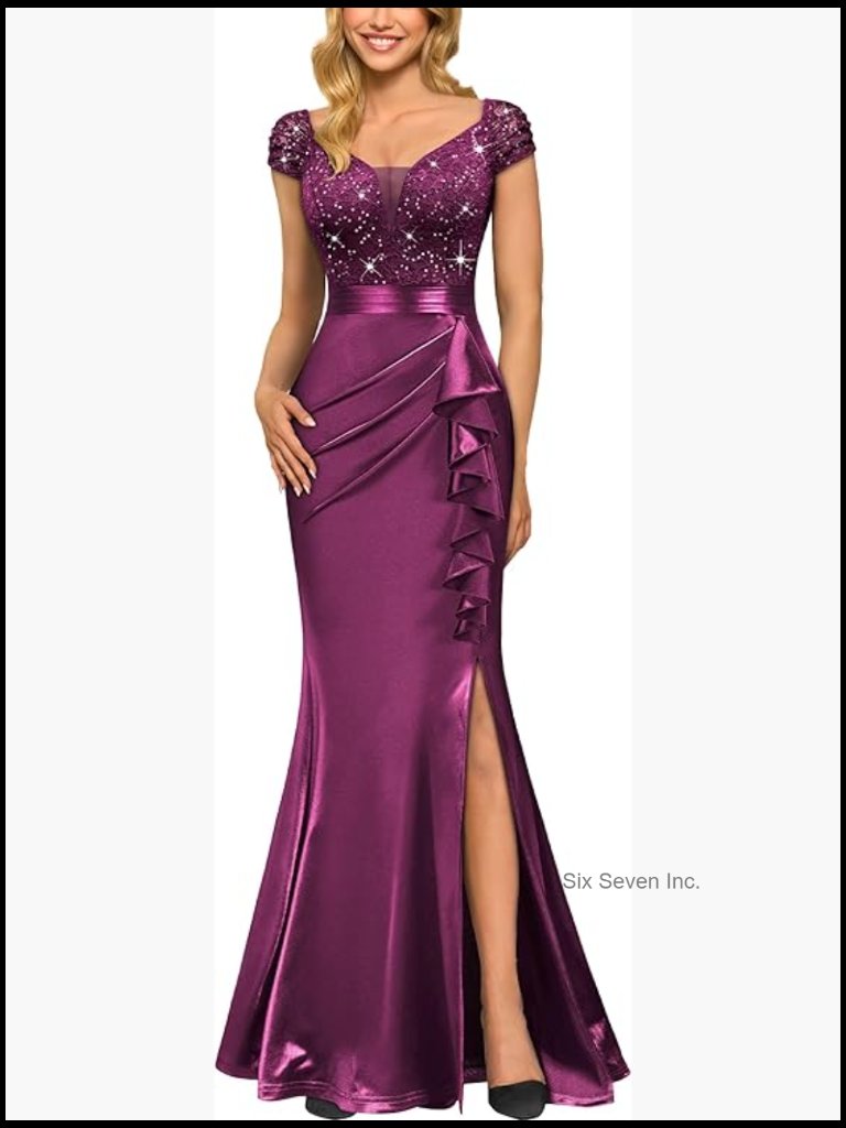 Vintage V-Neck Ruffle Split Evening Formal Maxi Dress